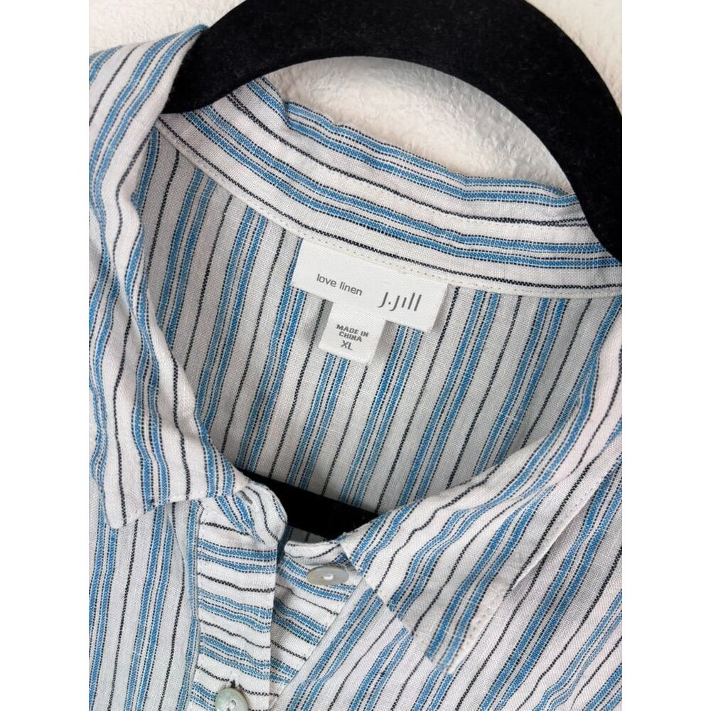 J. Jill women's XL blue white striped love linen 3/4 sleeve collared tunic top - Picture 3 of 6